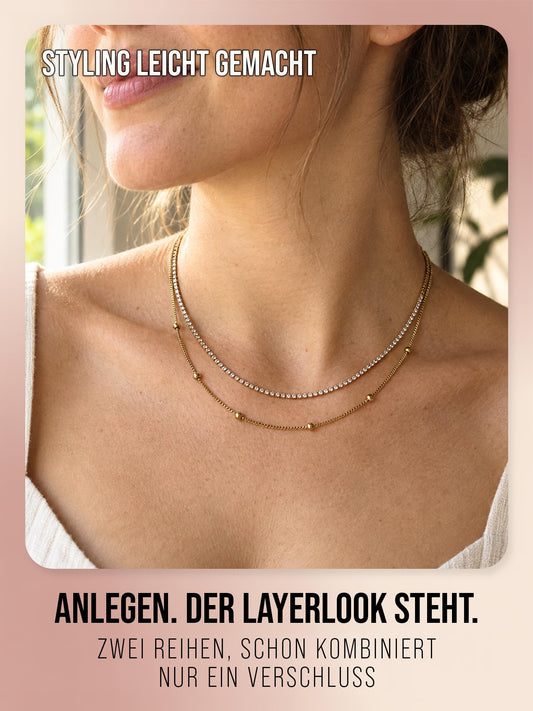 Daily Spark in Gold am Hals getragen – zwei feine Reihen im Layering-Look