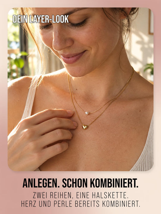 Love Note Halskette in Gold getragen – zweireihiger Look mit Herz und Perle
