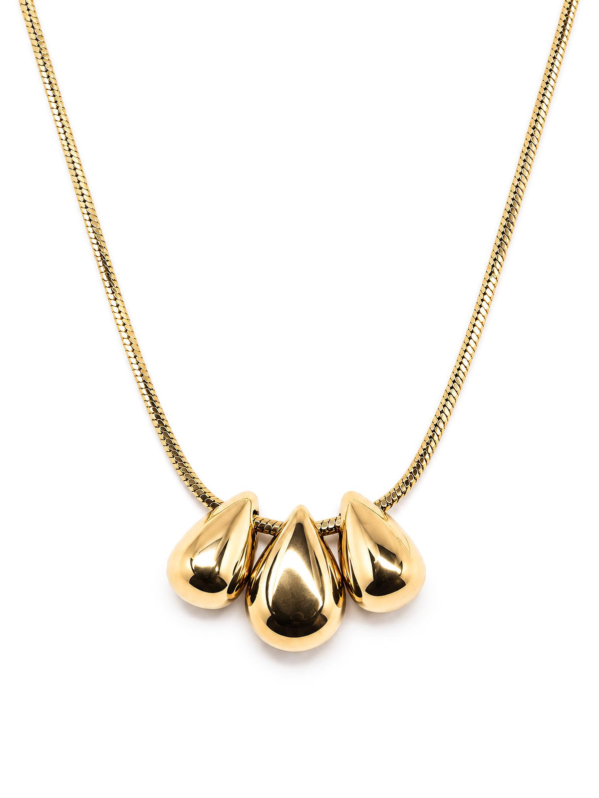 THIORA Three Wishes Halskette in Gold mit drei Tropfen und Karabinerverschluss auf weißem Hintergrund