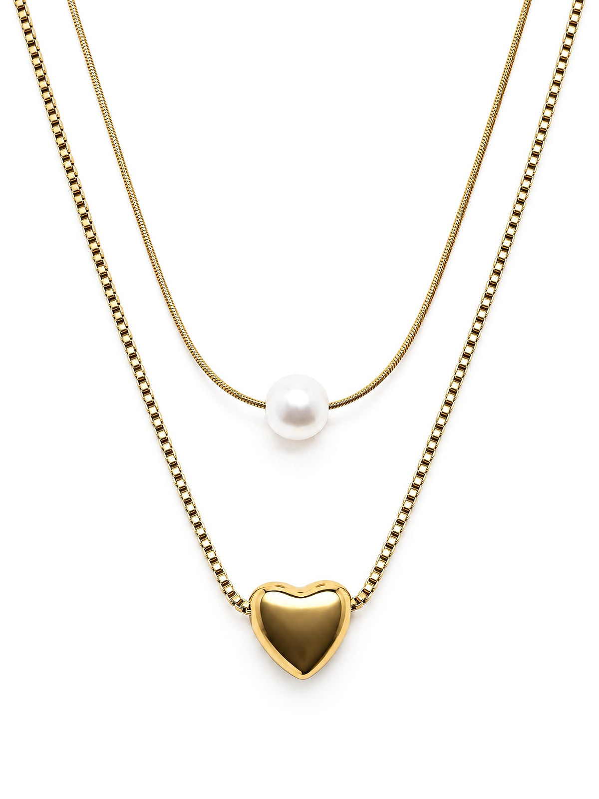 Love Note Halskette in Gold mit zwei Strängen, Herz und weißer Kunststoffperle