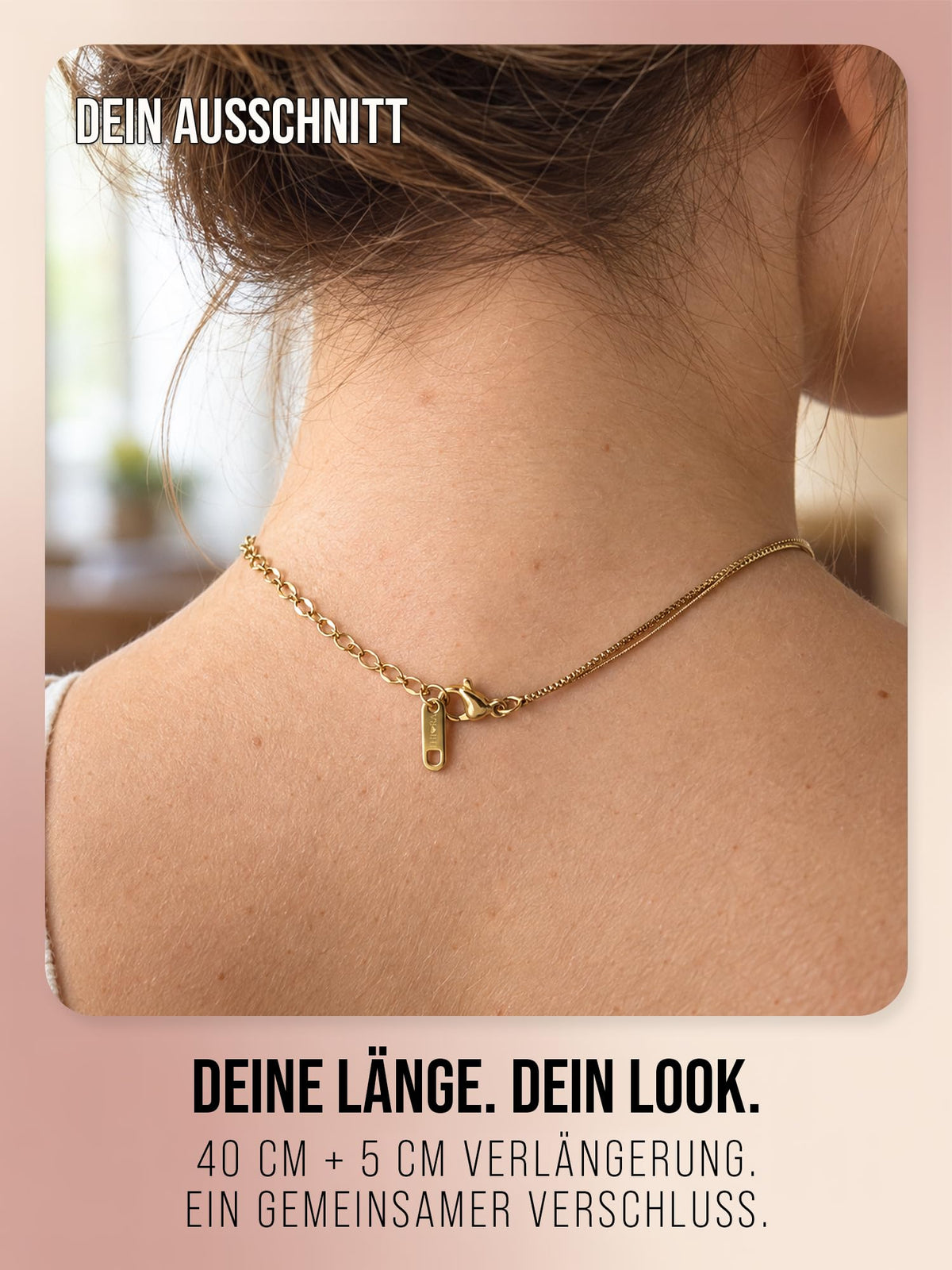 Love Note in Gold: gemeinsamer Karabiner und Verlängerung am Nacken
