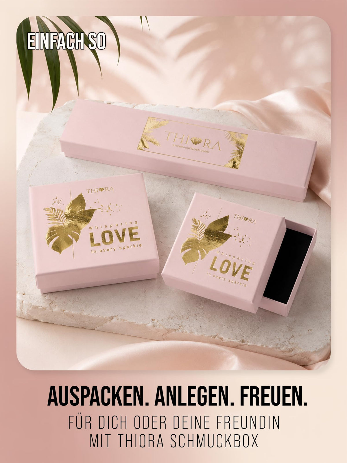 Rosafarbene THIORA Schmuckboxen mit goldfarbenem Logo und Geschenkhinweis
