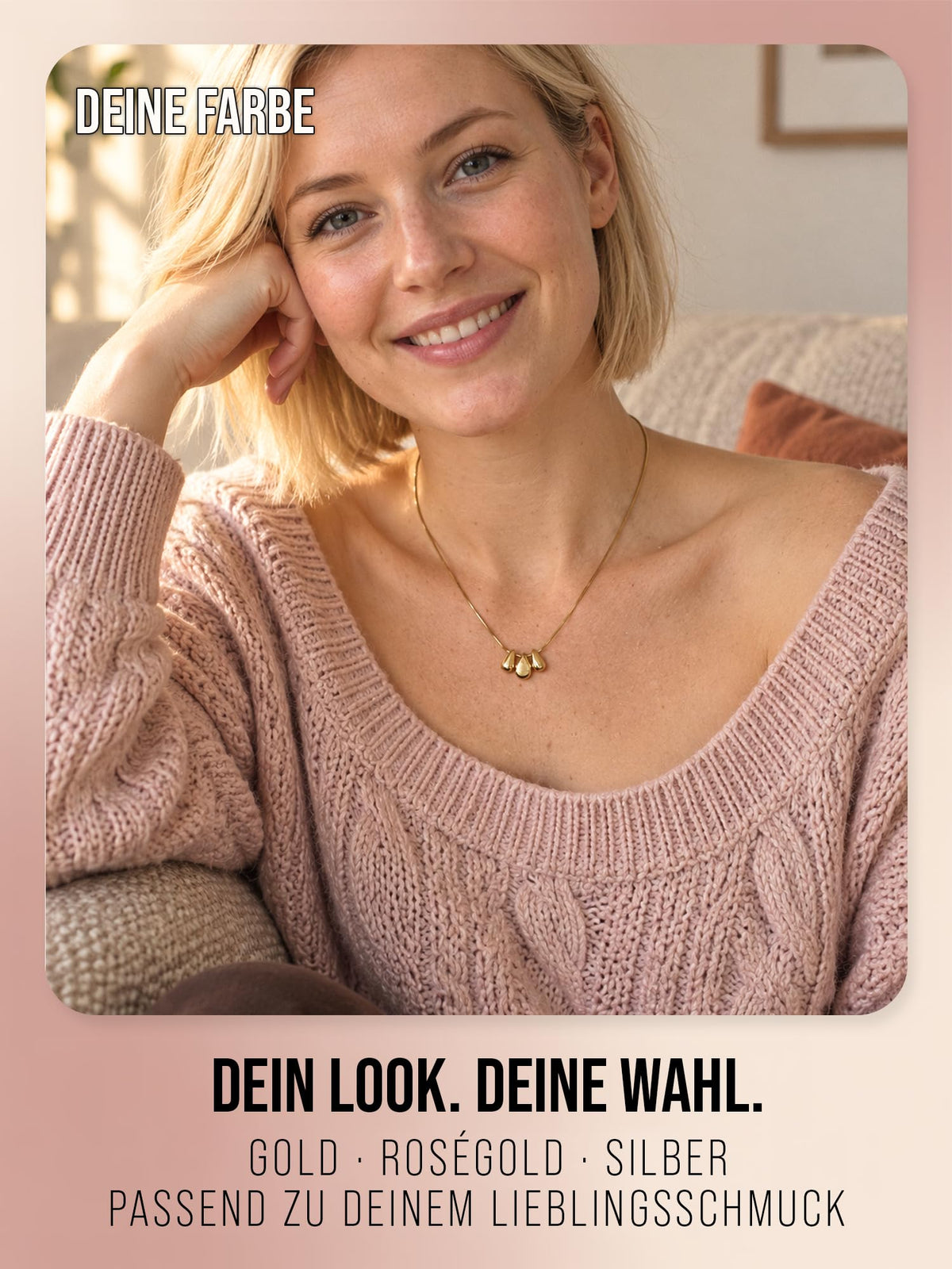 Three Wishes Halskette in Gold als Tragebild mit Farbhinweisen Gold, Roségold und Silber