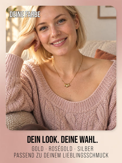 Three Wishes Halskette in Gold als Tragebild mit Farbhinweisen Gold, Roségold und Silber