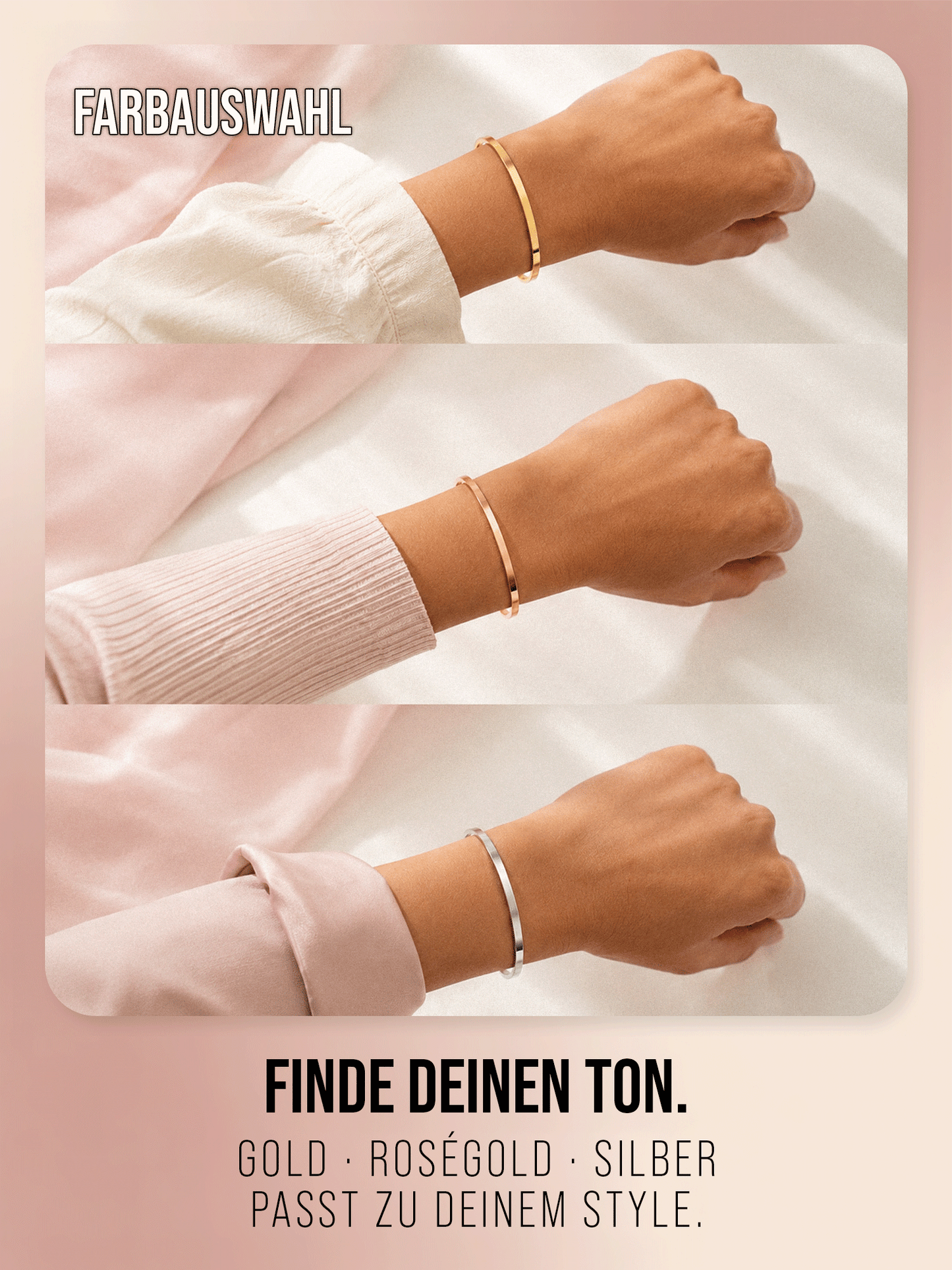 THIORA Armreife in Gold, Roségold und Silber am Handgelenk
