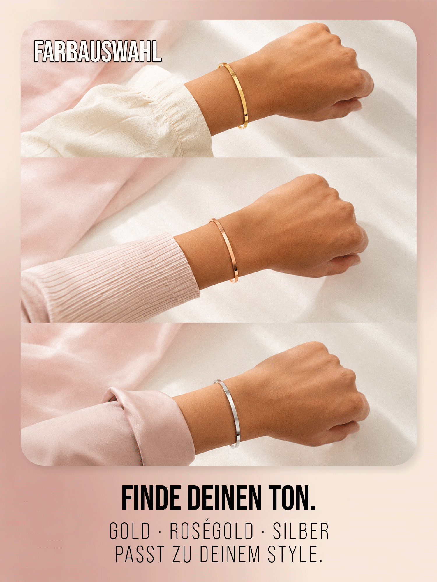 THIORA Armreife in Gold, Roségold und Silber am Handgelenk