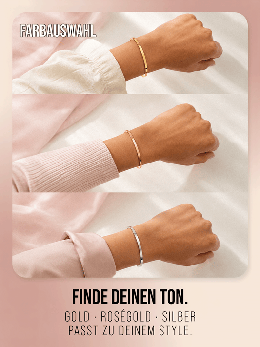 THIORA Armreife in Gold, Roségold und Silber am Handgelenk