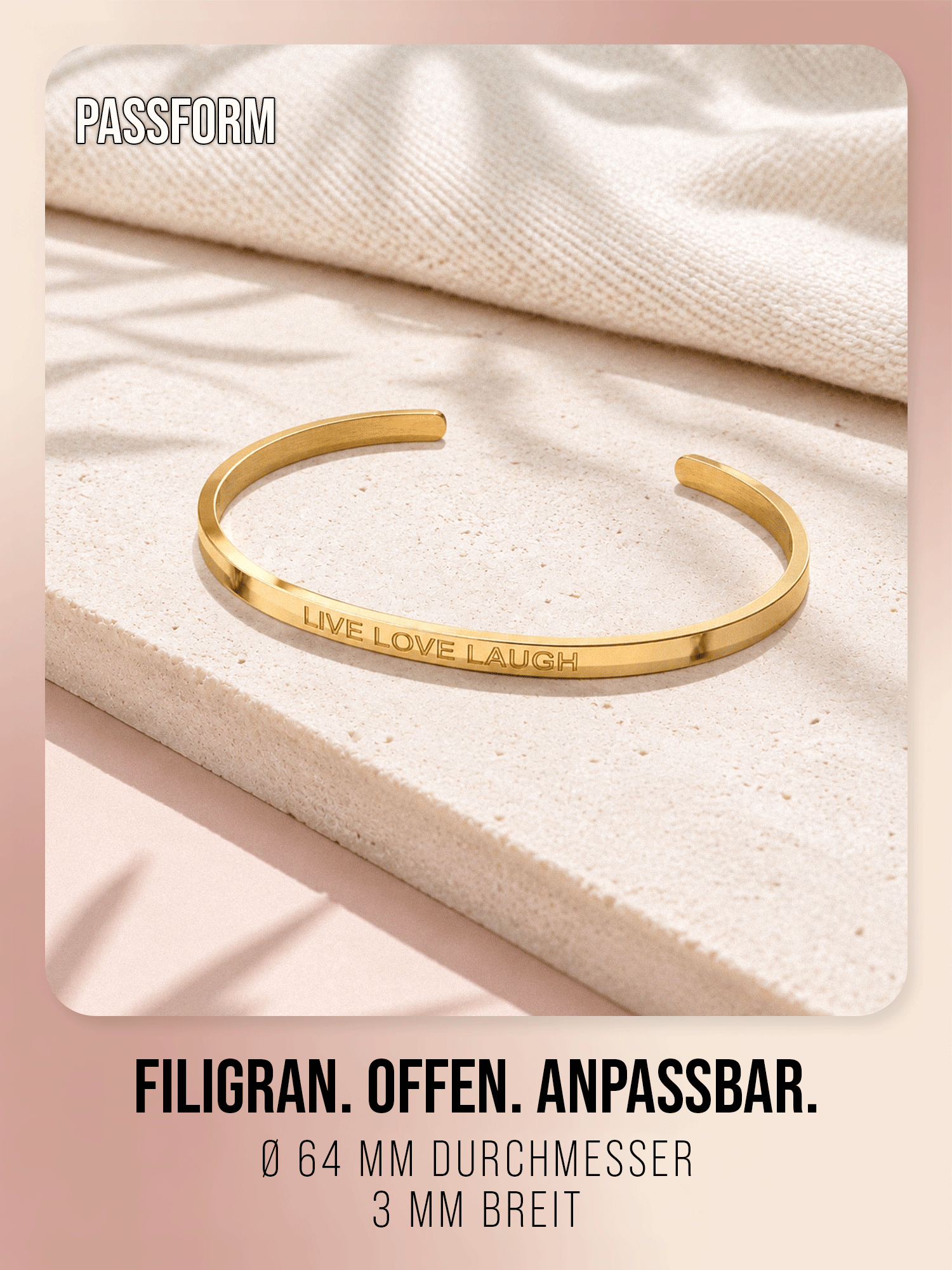 Goldfarbener Live Love Laugh Armreif von THIORA mit Ø 64 mm und 3 mm Breite