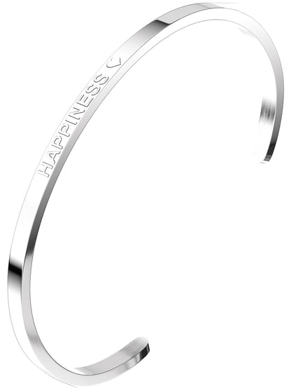 Silberfarbener THIORA Happiness Armreif aus Edelstahl mit fester Schriftgravur