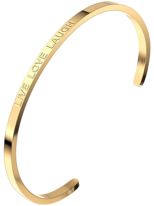 Goldfarbener THIORA Live Love Laugh Armreif aus Edelstahl mit fester Schriftgravur