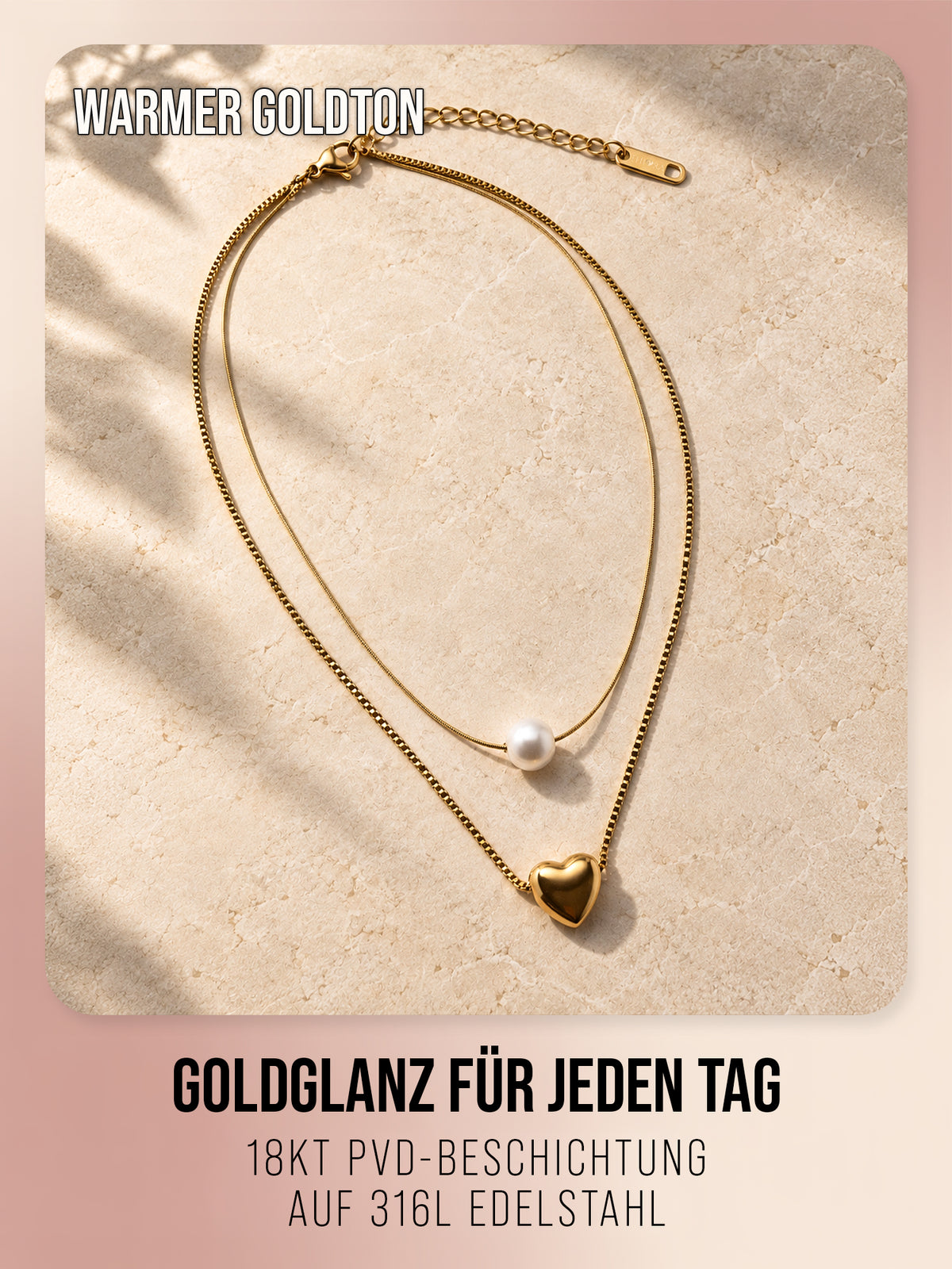 Love Note Halskette in Gold mit zwei Strängen, Herz und weißer Kunststoffperle